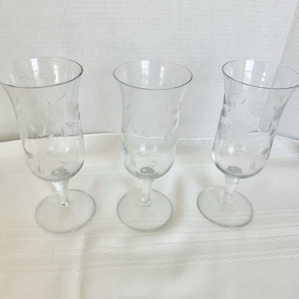 3 Vintage Parfait Glasses Etched Footed Floral Goblet MCM Dessert 8.5" Tall